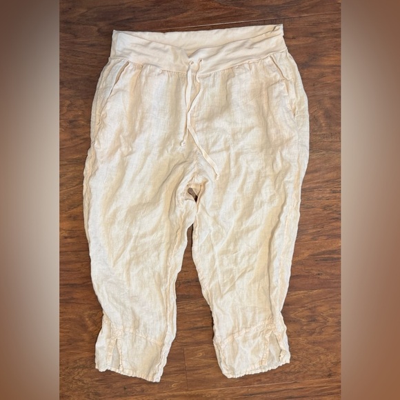 Flax Pants - Flax Pull On Linen Pants Cropped Split Hem Drawstring Waist Lagenlook Cream Sml